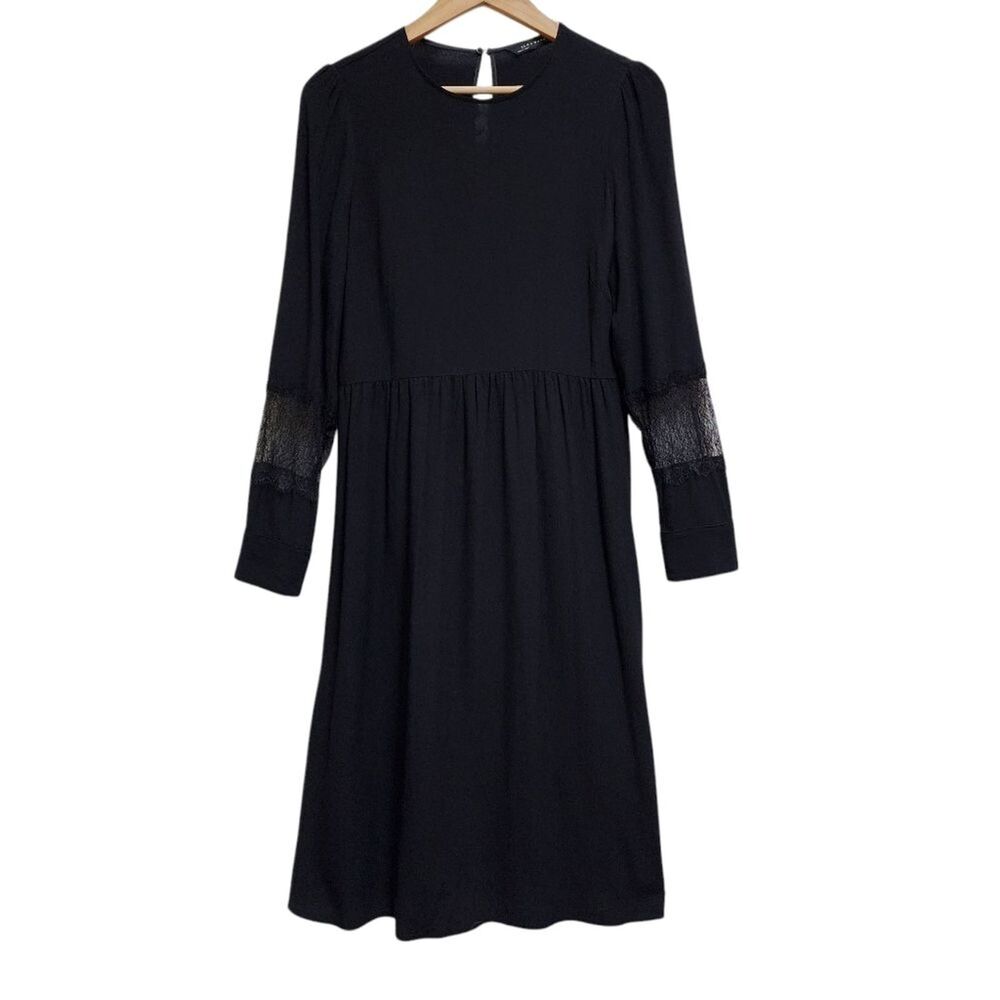 Zara Woman Black Lace Detail Long Sleeve Side Zip Flared Midi Dress Size L Goth